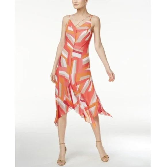 Calvin Klein Dresses & Skirts - Calvin Klein Pink Geometric Print Dress Strappy Midi Handkerchief Hem Women 8